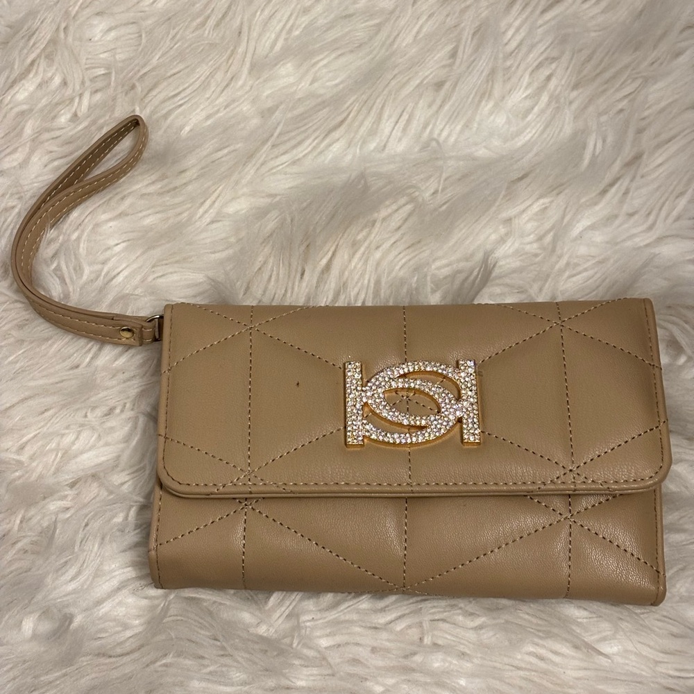 Tan BCBG Quilted Leather Wristlet with Gold Emblem